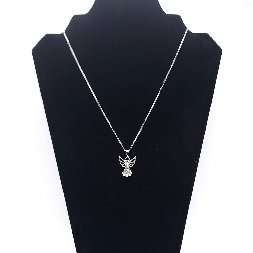 Silver Tone Angel Pendant Necklace Crystal Accent Adjustable Chain 18-20 Inch